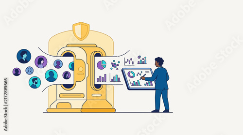 Creative professional analyzing data with futuristic microscope and digital interface.