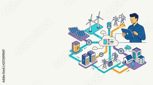Illustrated concept of a professional managing smart city infrastructure and technology.