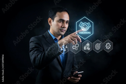 Corporate manager touching digital onboarding interface for new employee integration process