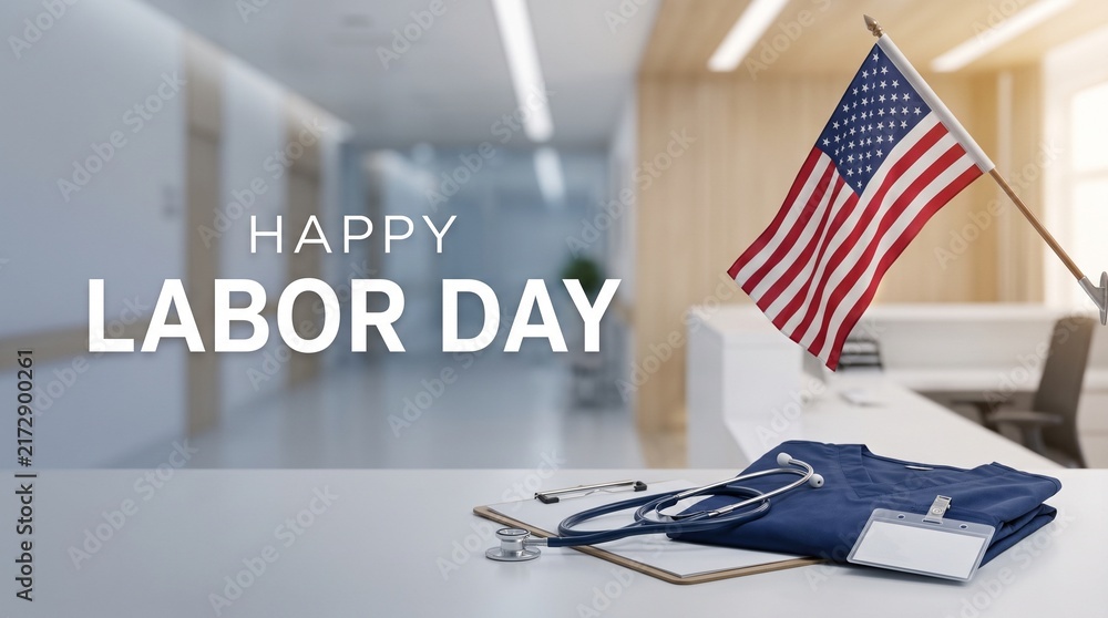 Obraz premium Happy Labor Day medical greeting concept. American flag, stethoscope, and blue healthcare scrubs on a desk in a modern hospital clinic