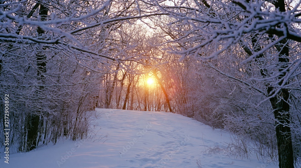 Naklejka premium The Snowy Forest Path Bathed in Golden Sunrise Light Through Snow Covered Branches