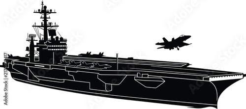Aircraft carrier warship with fighter jet landing silhouette vector illustration isolated on white background for naval military design (18 words)