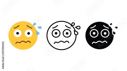 Anxious worried face emoji emotion icon set outline silhouette and color vector isolated on white background