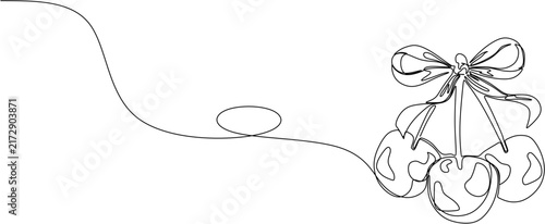 Continuous one line drawing of sweet cherries with ribbon bow, fresh fruit concept vector illustration