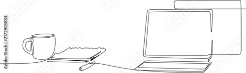 Continuous one line drawing of workspace setup with laptop, coffee cup, notebook and pen, work from home concept vector illustration
