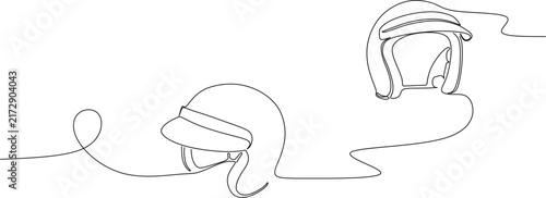 Continuous one line drawing of motorcycle open face helmets, vintage motorbike safety headwear concept vector illustration