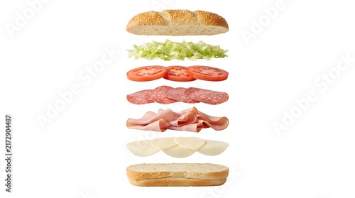 Stacked deli sandwich with fresh lettuce, tomato, and meat layers on white background