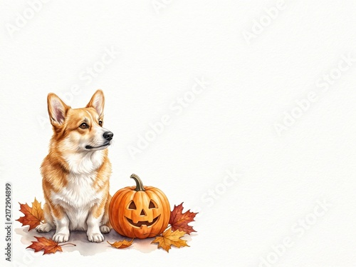 Cute Corgi Dog with Halloween Pumpkin and Autumn Leaves Decoration