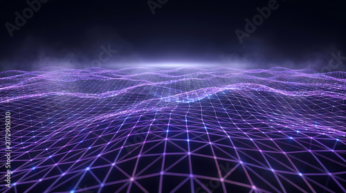 A dark, misty expanse is illuminated by glowing, undulating waves of light.