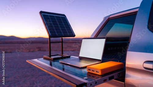 Setting up a workspace with a solar panel at sunset in the desert