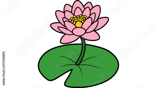 Pink lotus flower blooming on green lily pad aquatic plant vector illustration