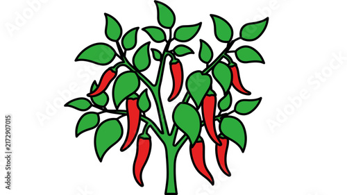 Illustration of a Vibrant Chili Pepper Plant Growing Red Spicy Chilies on Green Foliage