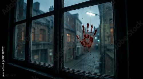 Bloody handprint on window glass, dark horror scene in old city street, spooky crime scene atmosphere with blood splatter