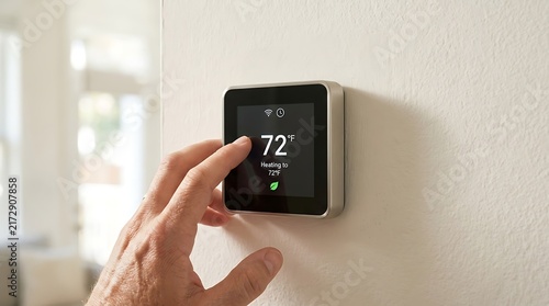 Person adjusting smart digital thermostat on wall to 72 degrees. Modern home automation and HVAC control panel interface with touch screen for energy saving and comfort.