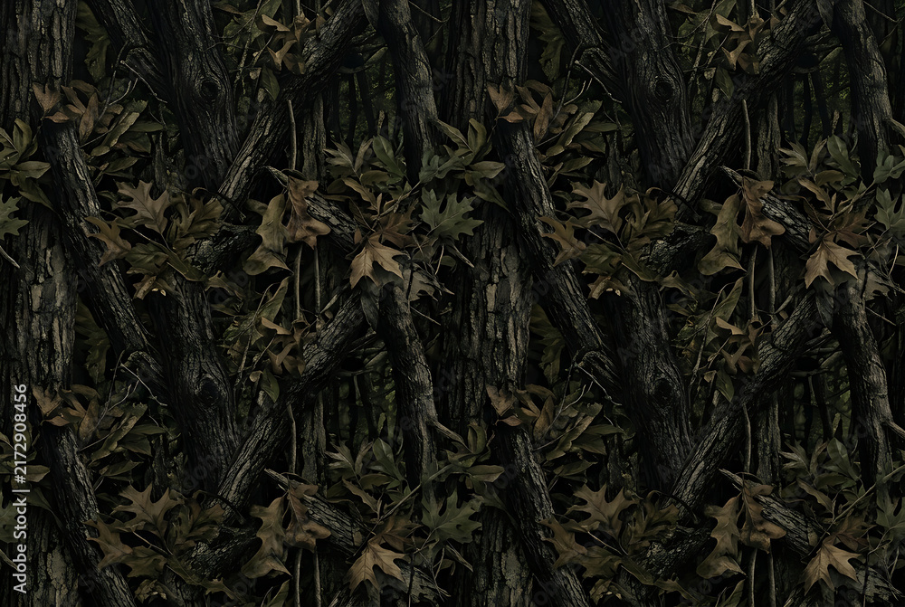 Fototapeta premium Seamless Dark Woodland Camouflage Pattern | Vertical Tree Bark Texture with Oak Leaves | Night Forest Camo Print for Fabric, Apparel & Background Design