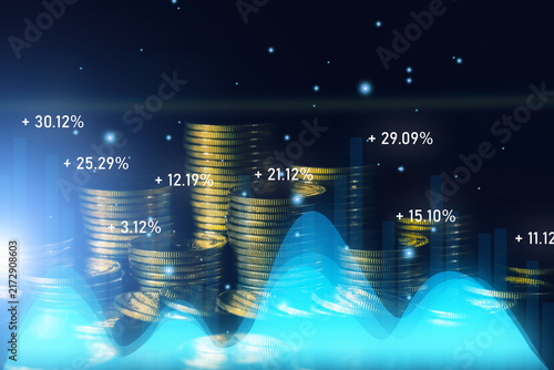 Stacks of coins with blue financial charts and percentage gains visualize investment performance, market growth, profit, wealth management, analytics, savings, and economic success.