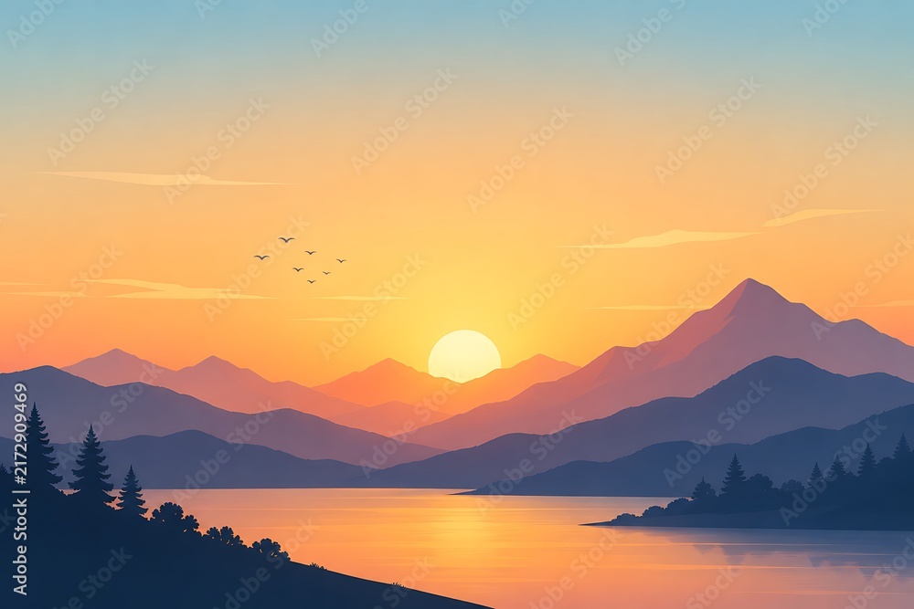Fototapeta premium Sunset over mountains and lake with flying birds