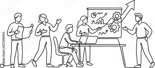 Business Team Meeting Presentation and Growth Strategy Continuous Line Art