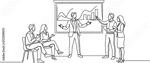 Business team meeting presenting growth chart continuous line drawing