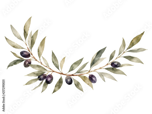 Artistic Watercolor Wreath of Olive Branches with Ripe Olives Evoking Mediterranean Serenity Natural Abundance and Ancient Symbolism for Decorative and Celebratory Design Applications.