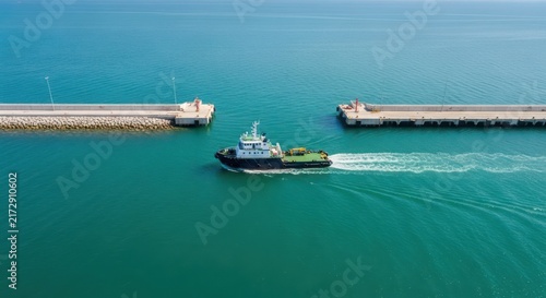A service vessel navigates the clear blue waters entering a modern harbor with piers on either side.