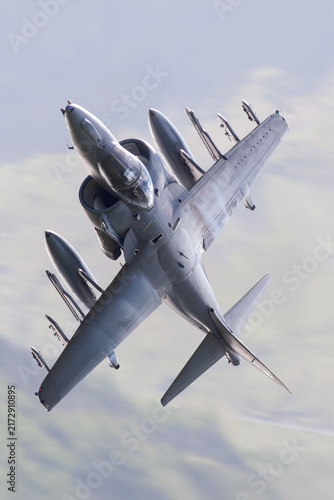 Portrait-format photograph of a Harrier military jet flying at low level in the UK, with vertical composition and copy space suitable for a book or magazine cover.