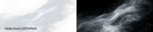 Fotografie Swirling white snow particles on transparent and black background