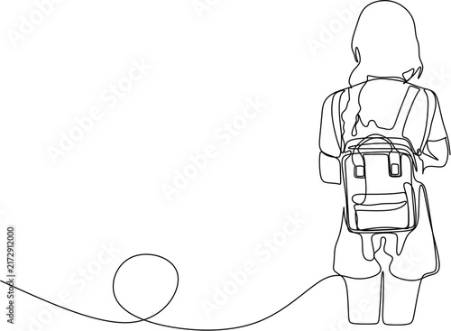Continuous one line drawing of schoolgirl with backpack from back view, back to school student girl concept vector illustration