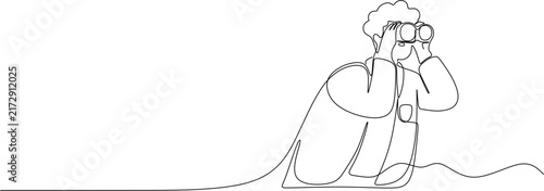 Continuous one line drawing of man looking through binoculars, business research and opportunity search concept vector illustration