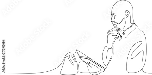 Continuous one line drawing of thoughtful man reading a book, intelligent male student or businessman thinking concept vector illustration