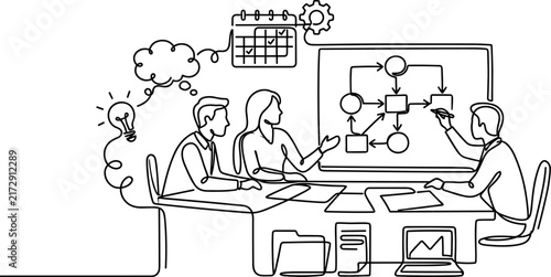 Business team planning flowchart on whiteboard brainstorming strategy meeting idea