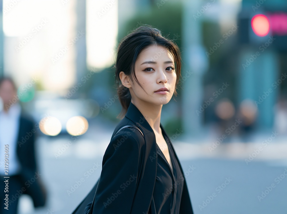 Obraz premium 洗練された都会のビル群の中で凛とした表情で前を見つめる女性