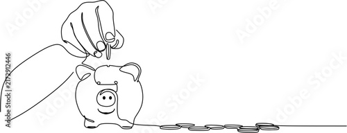 Continuous one line drawing of hand putting coin into piggy bank, money saving and investment concept vector illustration