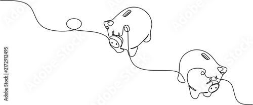 Continuous one line drawing of two piggy banks, money saving and investment concept vector illustration