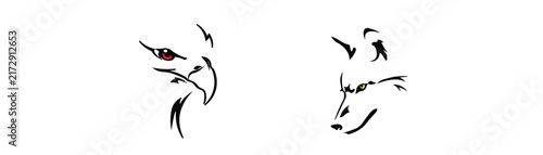 Eagle and wolf head vector logo design set featuring aggressive hawk predator and wild animal mascot line art icons