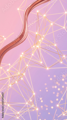 Abstract interconnected golden network with glowing nodes on a soft pink and purple gradient background, symbolizing data, connection, and future