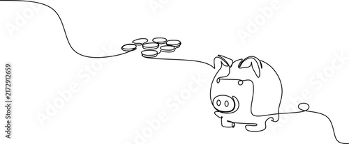 Continuous one line drawing of piggy bank with coins, money saving and investment concept vector illustration