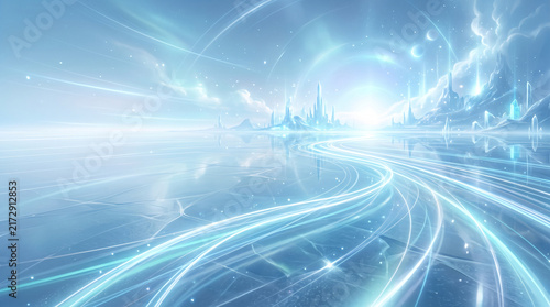 Abstract icy landscape with glowing light trails and futuristic structures, representing a dreamlike or otherworldly realm of imagination
