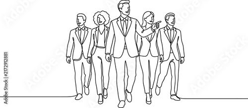 Business Team Walking Forward Leader Pointing Direction Line Art Style