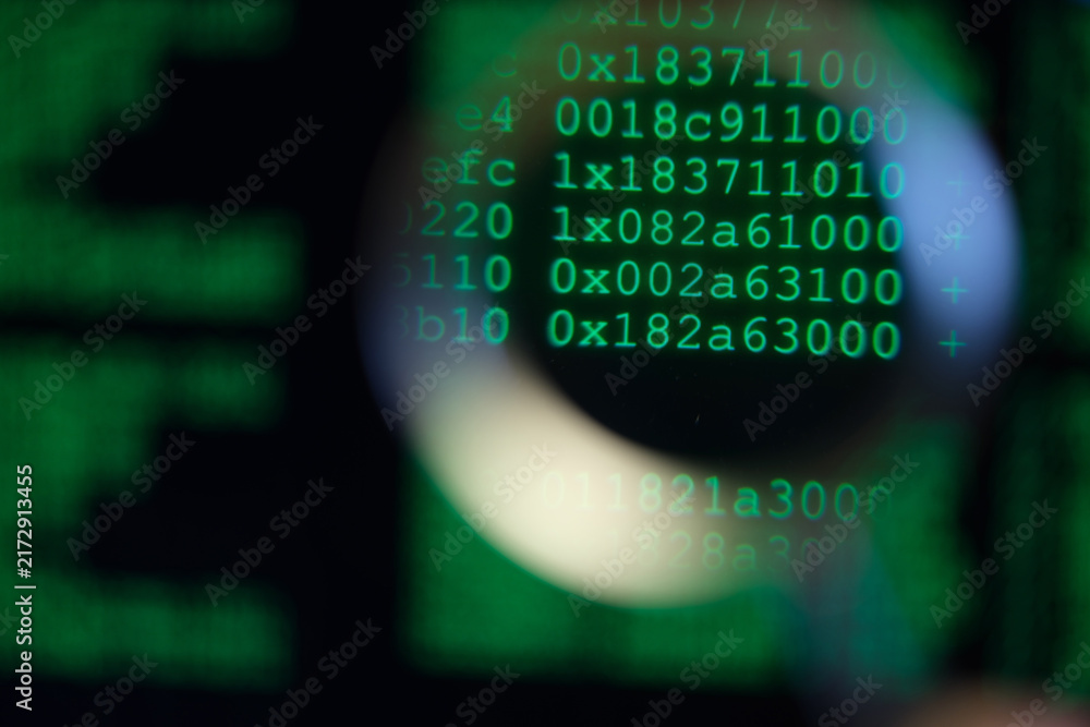 Naklejka premium Experienced IT specialist repairs malfunctioning computer. Monitor displays black screen filled with green digits during serious system failure