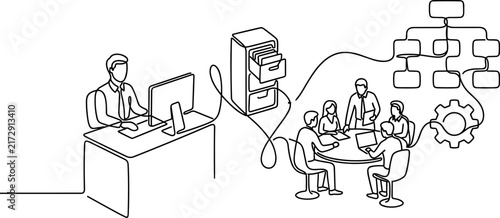 Business Teamwork Workflow and Organization Chart Continuous Line Art