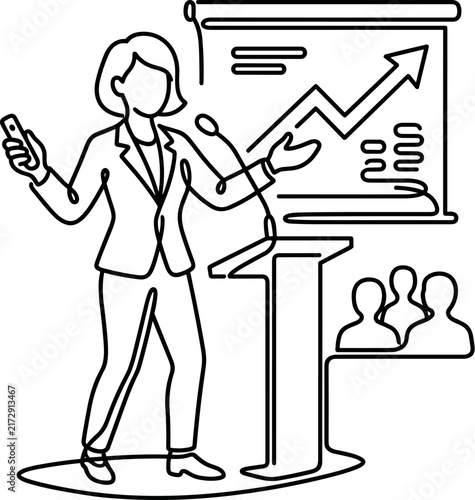 Business Woman Presenting Growth Chart at Podium with Audience Line Art