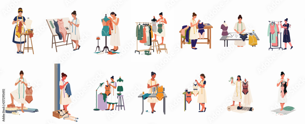 Fototapeta premium Set of flat vector illustrations showing women in various roles as fashion designers, seamstresses, and tailors working in their studio on white background.