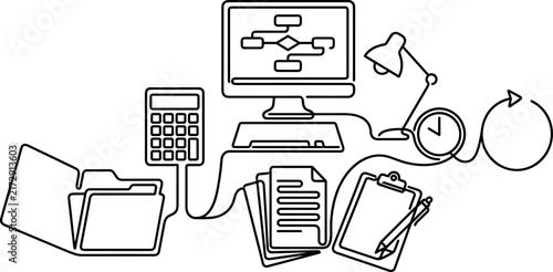 Business Workflow Concept Computer Calculator Files Clock Lamp Clipboard