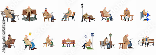 Vector set of an elderly man in a beige coat reading newspapers and sitting on park benches, isolated on a white background.