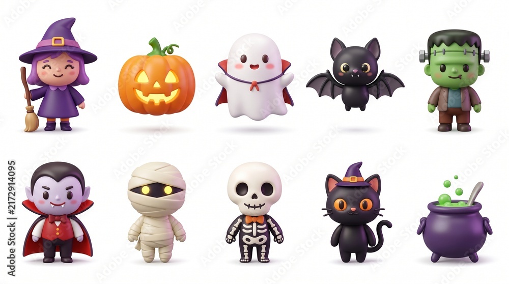 Obraz premium Cute 3D Cartoon Halloween Character Set