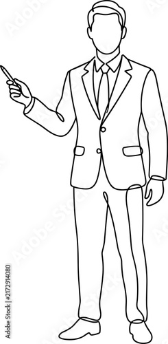 Businessman Holding Pen Line Art Illustration Presentation Pointer