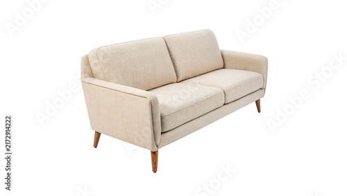 Modern beige fabric sofa couch with wooden legs isolated on transparent background