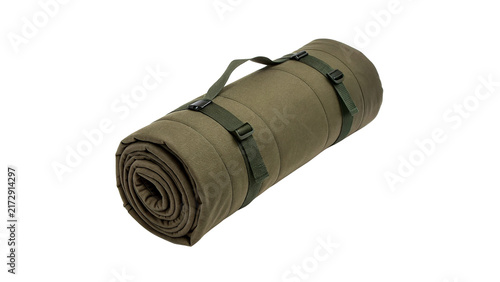Rolled green camping sleeping pad or mat isolated on transparent background