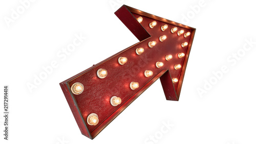 Vintage metal marquee arrow sign with light bulbs isolated on transparent background